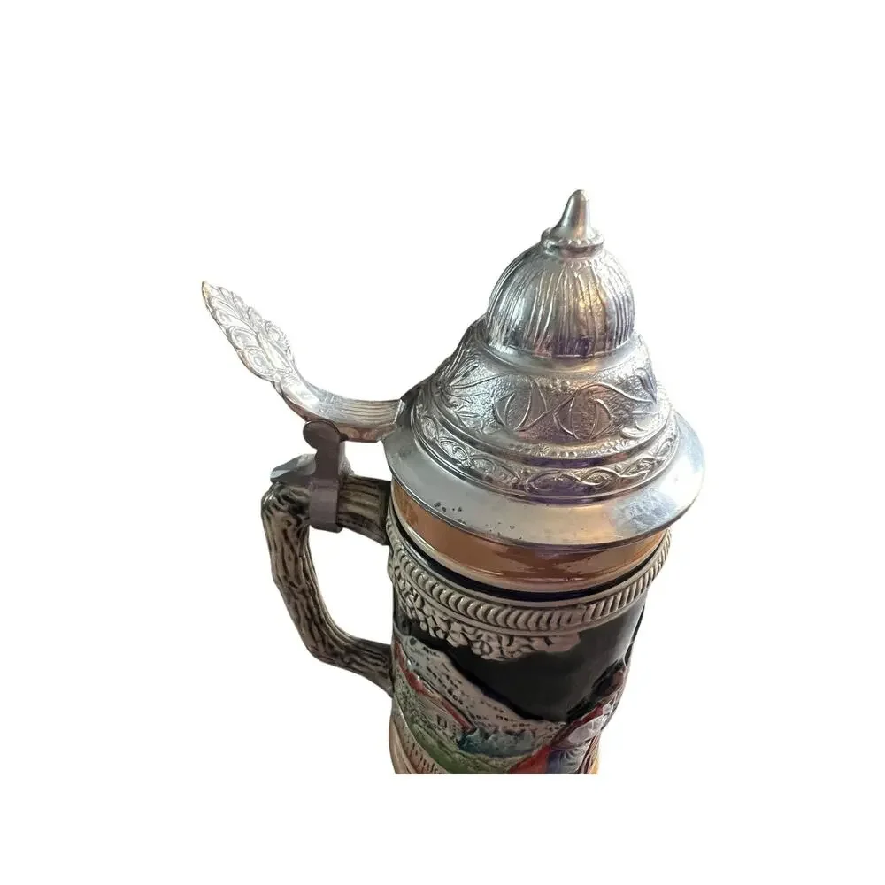 Vintage W Germany Lidded Beer Stein Ceramic Relief Alpine Village Scene Hunter - Picture 6 of 9